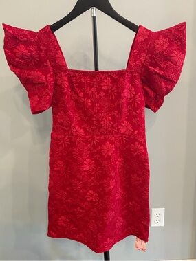 SHEIN Red Floral Jacquard Puff Sleeve Mini Dress